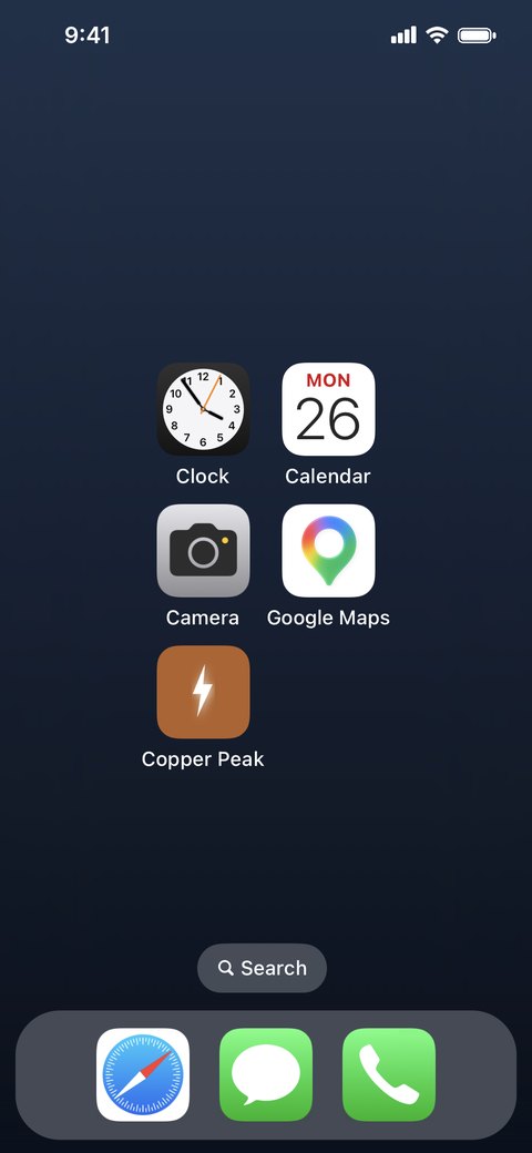 iPhone home screen with the Copper Peak upload link saved as an app icon